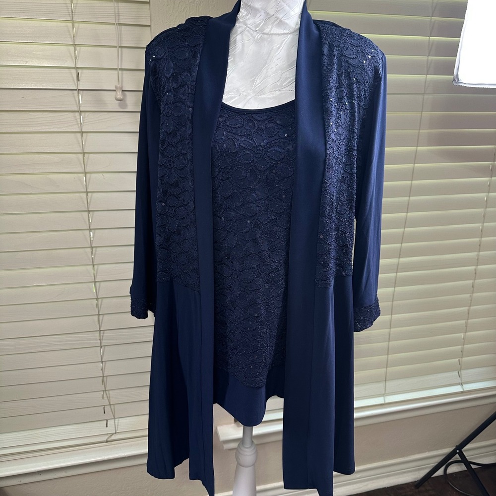 R&M Richards Mock 2-Piece Sequin Lace Jacket Top Womens 16 Navy Blue Dressy VTG